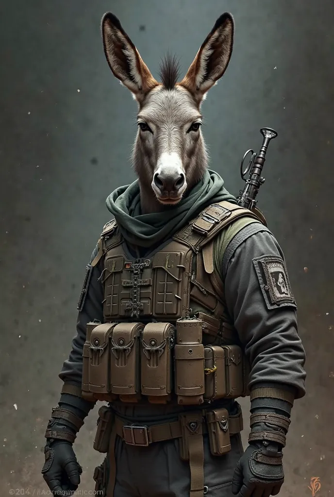 A highly detailed and realistic digital painting of various animals depicted as assassins, each with unique deadly attire and weaponsA donkey in a tactical outfit, carrying hidden throwing knives.