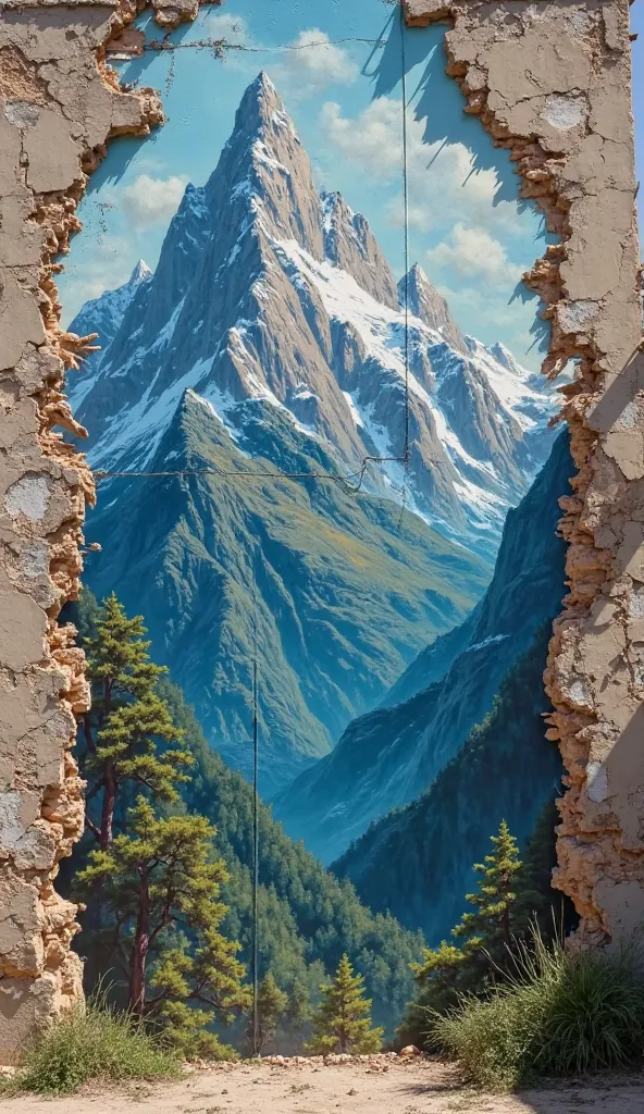 A wall with cracks and to cover that, a mountain is painted. 