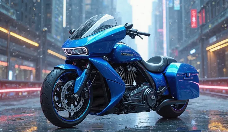 Generate a futuristic and realistic image of 2025 Road Glide straight front view in blue vibrant color