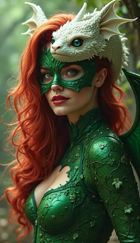 Poison Ivy from the universe of DC comics and Batman, she has long red hair, green eyes, a green supervillain costume that combines elements of matter and leaves of curly ivy. The upper part of the face is hidden by a half mask, with a small white magical ...