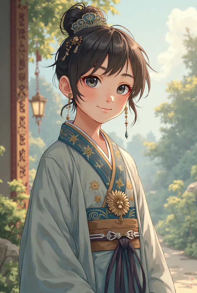 in the Anime style,  create an ordinary looking young cultivator wearing traditional chinese clothing with the xuantian monastery symbol on it