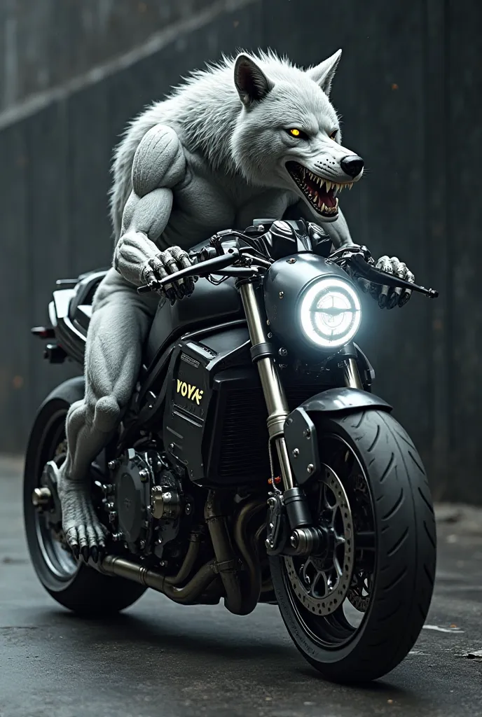 Make a wolf with a human body on a motorcycle marked Voyk at the bottom in fluorescent white