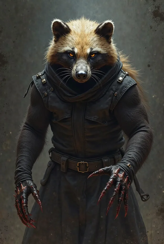 A highly detailed and realistic digital painting of various animals depicted as assassins, each with unique deadly attire and weaponsA honey badger with a stealthy hood, wielding poisoned claws.