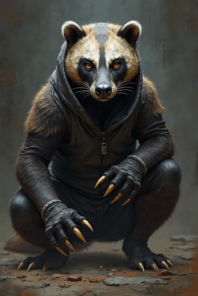 A highly detailed and realistic digital painting of various animals depicted as assassins, each with unique deadly attire and weaponsA honey badger with a stealthy hood, wielding poisoned claws.