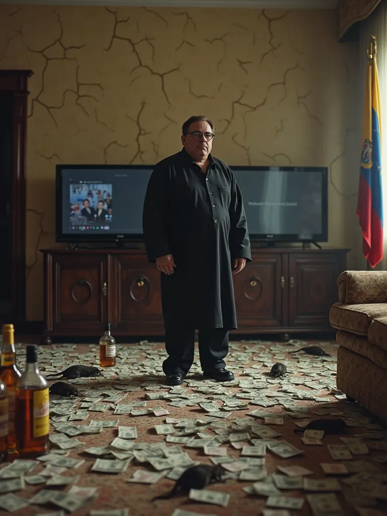 Real image President of Colombia Gustavo Petro, dress with black tunic, Up to the head, it is located in a large room of the presidential house, looking straight ahead,  The floor is full of bills, rats, bottles of liquor and a lot of flour, in the backgro...