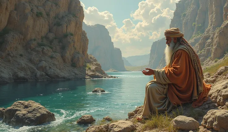 The sheikh tells the story of the rock :**  is an image of the great Sheikh telling the story of the stone to Ahmed, with an imaginary scene of rock and river appearing in the background of the narrative.