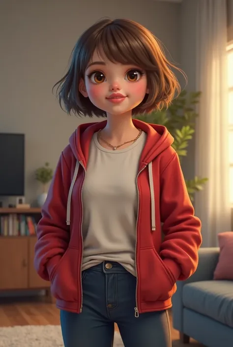 Chubby and slim girl with big lips and short brown hair with yellow eyes and a small nose and is wearing a white shirt and dark blue jeans with a red zip hoodie inside the living room and she is realistic extremely