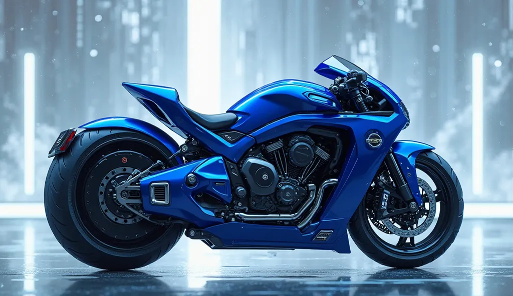 Generate a futuristic and realistic image of 2025 Road Glide in blue vibrant color straight back view of 2025 Road Glide on the back plate 