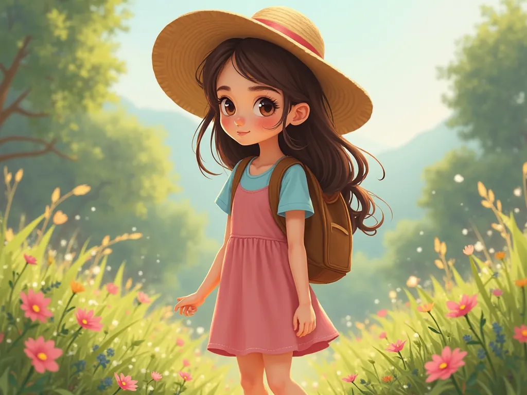 This girl seems to love nature and reading. She has a calm and curious personality..

She has long brown hair that falls softly over her shoulders, giving her a delicate and innocent touch..
She wears a beautiful straw hat, which indicates her love for hik...