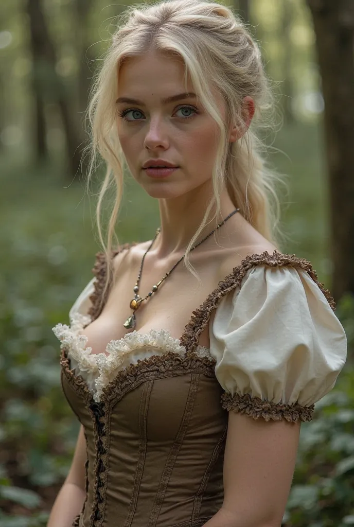 I want the image of a 23-year-old woman, With very light skin, very light and smooth blond hair, His eyes are a very dark blue. Her features are feminine and delicate, Her body is well-proportioned , She is buluptuous but not vulgar and wears vintage villa...