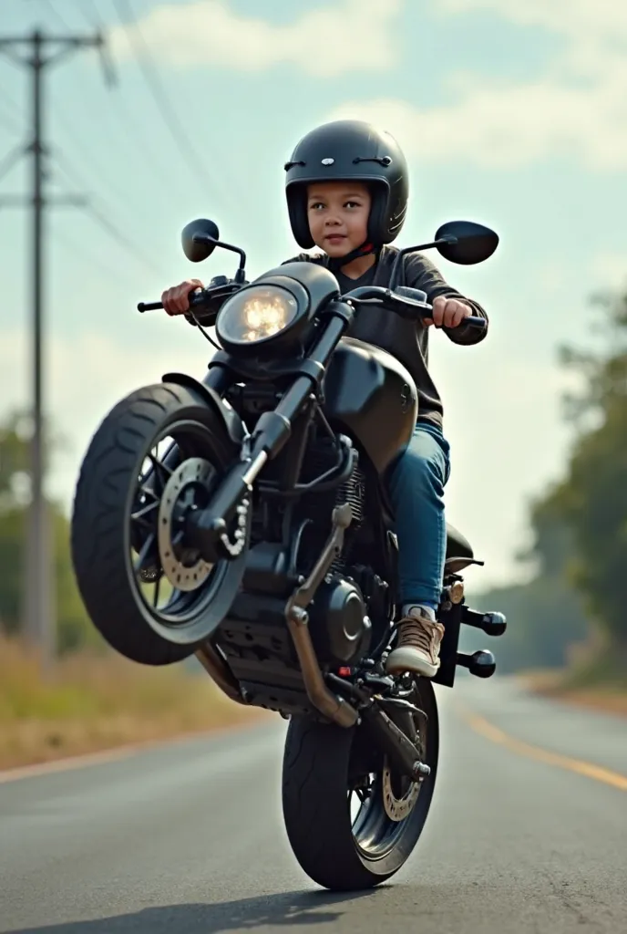 A boy doing wheelie on a black engine with a helmet on an asphalt road