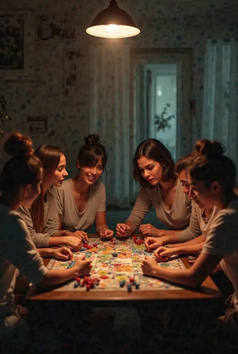 Three women and four men playing a board game in a half-lit apartment