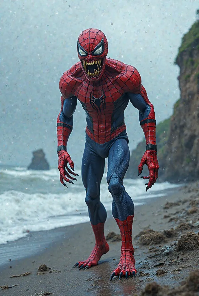 Spider-Man on the shore, his body grotesquely deformed, looking horrifying and unsettling, in 3D with vibrant colors.
