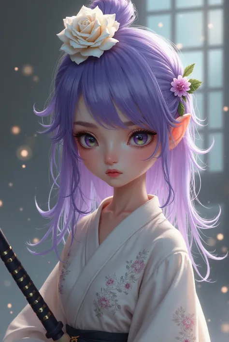 A short girl with purple hair and a white rose on her head, shy and flawed, specialty with katana ready to kill l.