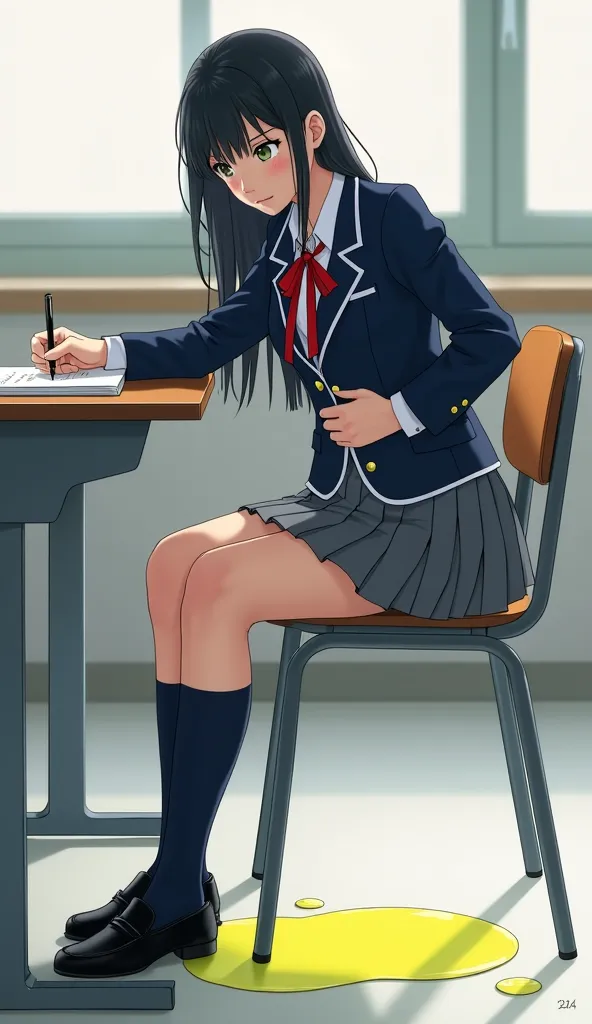 navy blue blazer with gold buttons on a white shirt, red ribbon on the chest,Gray pleated skirt that seeps out of water, dark blue high socks,Black school loafers,black hair long hair,Neat Lady ,Beauty,incontinence while sitting on a classroom chair and pe...