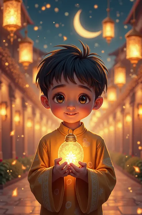 A captivating and highly detailed digital illustration of asian  boy celebrating Ramadan at night. he wears a koko shirt. Holding a glowing Ramadan lantern (fanous) in his hands, she stands near a beautifully decorated courtyard, surrounded by golden lante...