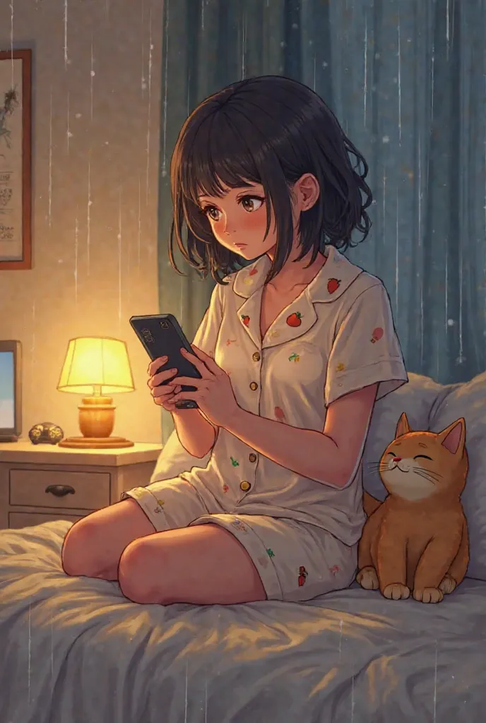 Ok so make me sitting on the bed show the phone clearly with 'Adnaan' very clearly and show me heartbroken I am wearing light beige pijamas short sleeves with shorts and carrot on them make it rain outside and a yellow light nuance in my room with a cat pl...