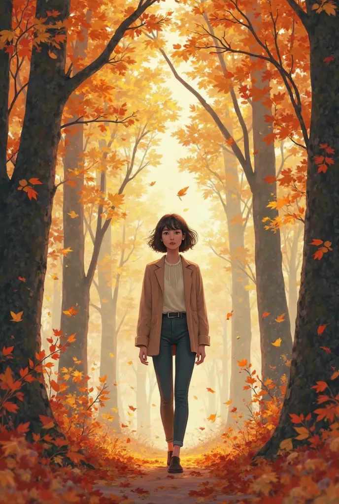 Lovely autumn trees、A woman with a short bob is walking