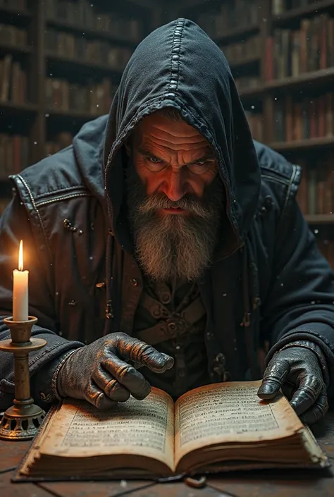 Ultra-realistic image of a man in a secret library leafing through a forgotten manuscript describing the true power of the Viking hammer.