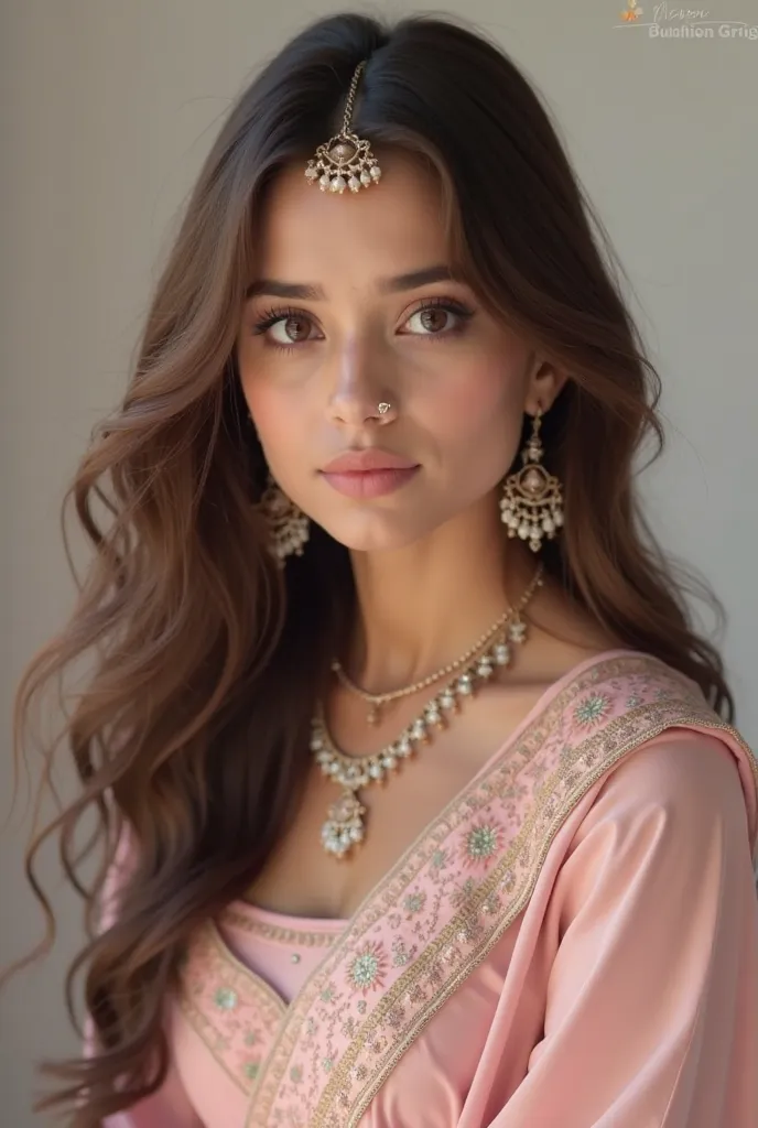 headshot style a woman wearing a light pink lehenga with light pink embroidery, her hair is brown and flowy and she has a light pink necklace and a light pink nose ring