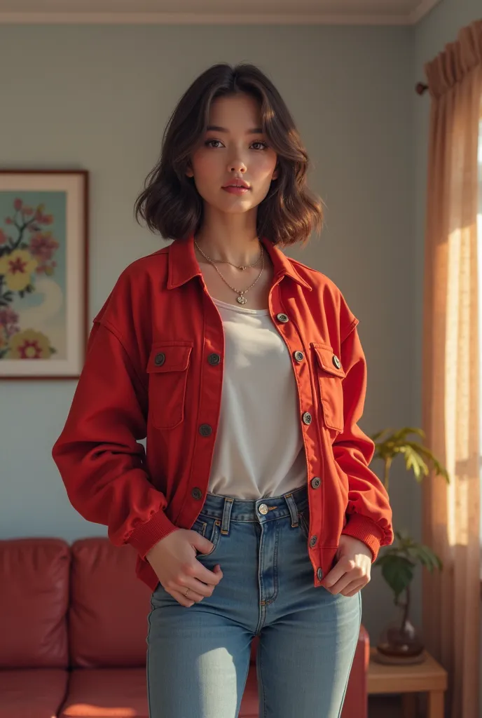 a woman in a red jacket and jeans standing in a living room, 🤤 girl portrait, realistic art style, realistic cute girl painting, realistic anime 3 d style, realistic artstyle, artwork in the style of guweiz, anime realism style, ilya kuvshinov. 4 k, alena ...