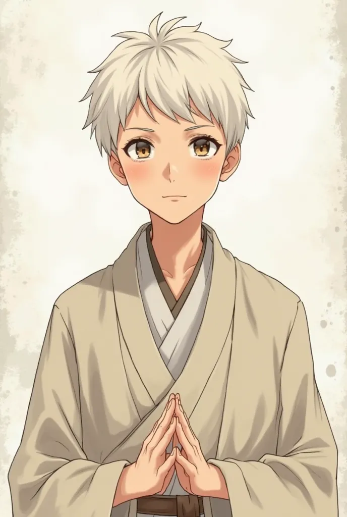 Portray a young Zen monk from the Japanese SotoSu school in anime style. . He has a serene and contemplative appearance, with soft lines and expressive eyes that convey inner peace.  His hair is short and slightly messy , typical of a monk in training. Dre...