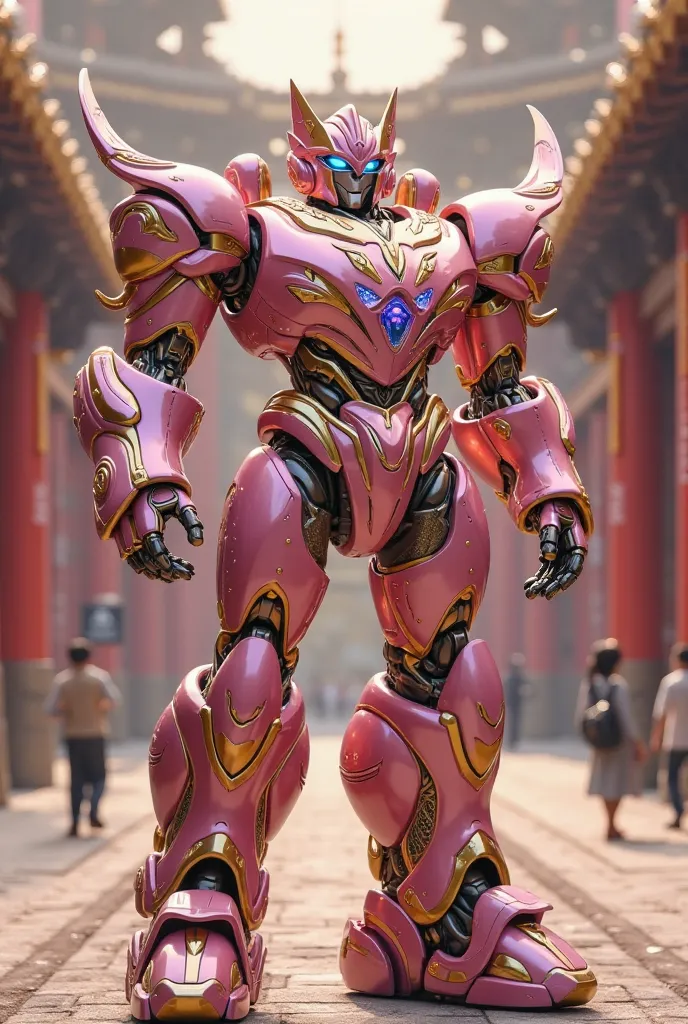 Der Hongqi E-LS-Transformer (2023) radiates elegance and authority. His dusky pink armor is decorated with golden accents, which give him a majestic and luxurious look. His eyes glow in a soft, But penetrating white, as if they were filled with infinite wi...