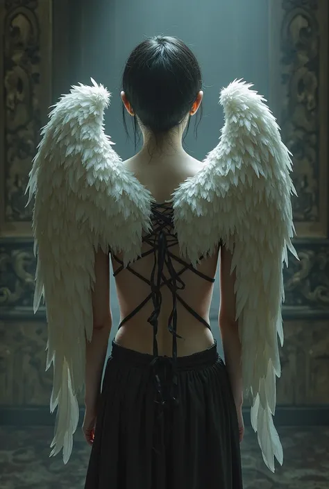 Angel wings sewed onto a back with black ribbon 