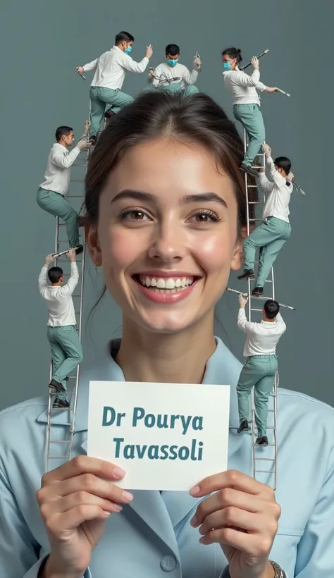 "A photorealistic image of a smiling young woman receiving dental care from tiny workers. The workers, dressed in professional dental uniforms, including white lab coats, gloves, and protective masks, are meticulously working on her teeth, using dental dri...