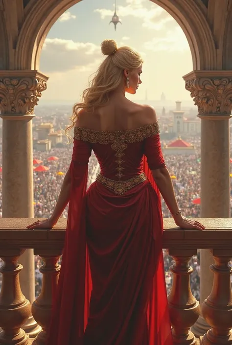  a giant queen, bbw, Curvilinea, blonde, With tight clothes, standing on the palace balcony, being adored by the people, full body image