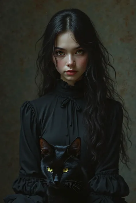 Girl with brown eyes and black hair with black cat 