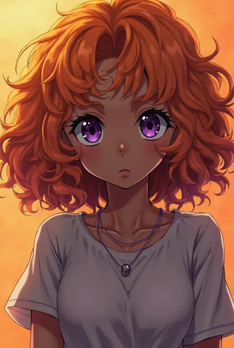 anime style poster, very attractive girl with pretty curly and orange hair, purple eyes shirt,  with black skin  , Represent the colors orange, a girl with a serious face,  impressive, that can be seen from head to toe