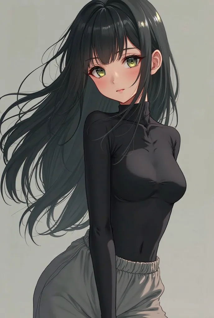 girl in the style of anime , with black long hair and pale green eyes and lush eyelashes dressed in a black bodysuit and gray sweatpants 