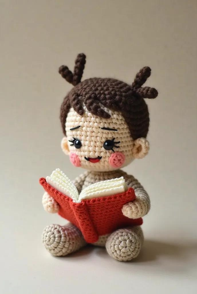 Create a crochet amigurumi of a toddler with a book in his hands with the vowel A