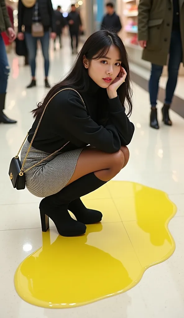 black turtleneck sweater, High Heels Black Suede Below Knee Length Platform Knee High Boots,Houndstooth Pattern Tight Mini Skirt with Pee Stains , brown pantyhose ,long black hair,Korean Beauty,I'm hanging a mini bag over my shoulder ,しゃがんでUrinary incontin...