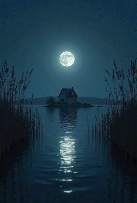 Dark night sky . In the middle the full moon is lit. A tall sedge on both sides of the picture bends in the gentle breeze. In the middle of the lake on a small island stands a small stone house. The moon is reflected on the water photorealistic image