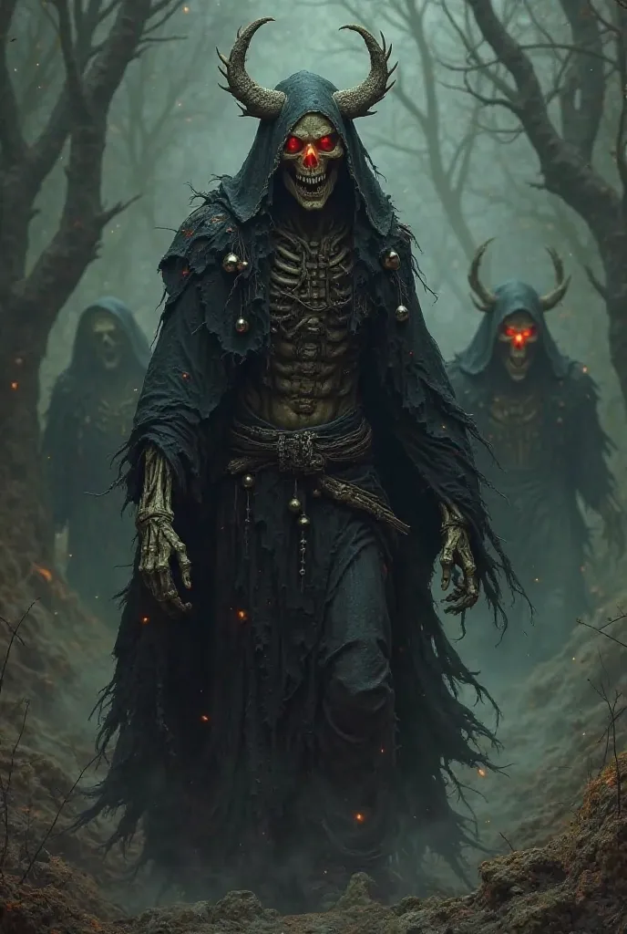 
Ah Puch, the Lord of Death and Perdition, manifests itself as a skeletal figure wrapped in a black and torn cloak, covered with bells that tinkle in a lugubrious with every step he takes. Your skin, where there is still some trace of flesh, it is putrid a...