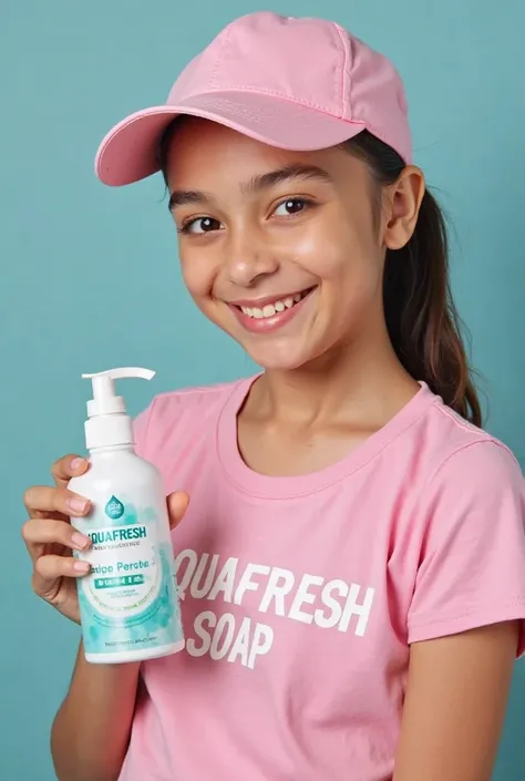 A beautiful fair girl wearing a pink shirt with a text written on it that says AQUAFRESH SOAP,she sis also wearing a face cap and holding on to a liquid soap bottle with a text written on it that says AQUAFRESH
