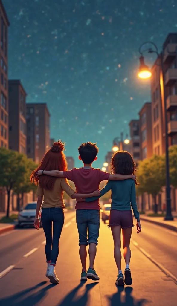 Create 3D Cartoon Style Image Scene 12: A final shot of the three friends walking down the street, arms around each other, talking and laughing. The streetlights cast a warm glow, marking the end of a fun and memorable prank night.