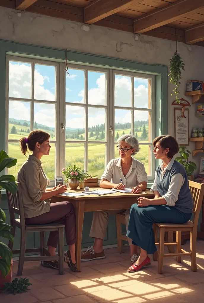 three people two women and a man in the teachers' room of a school facility in the countryside 