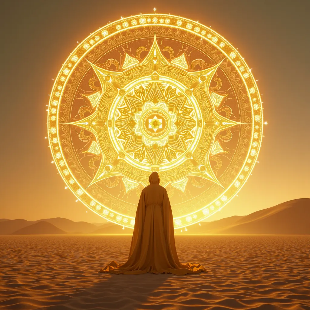 A golden mandala stands in the desert, 8k, hyperrealism, hyperdetailed, UHD, award winning, accurate, masterpiece, high resolution, detailed background, cinematic light, The ratio of shadow and light is harmonious,  a wizard is standing in front of the man...