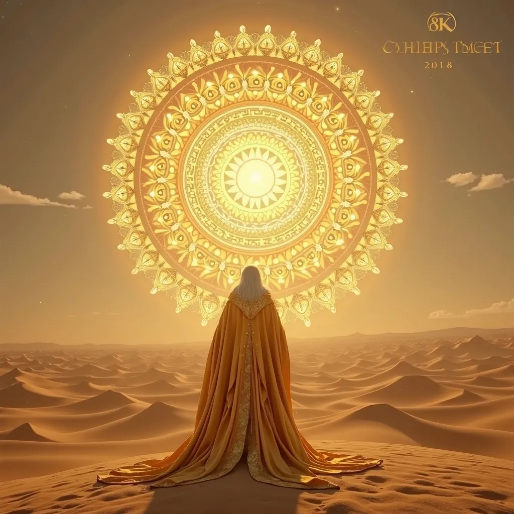 A golden mandala stands in the desert, 8k, hyperrealism, hyperdetailed, UHD, award winning, accurate, masterpiece, high resolution, detailed background, cinematic light, The ratio of shadow and light is harmonious,  a wizard is standing in front of the man...