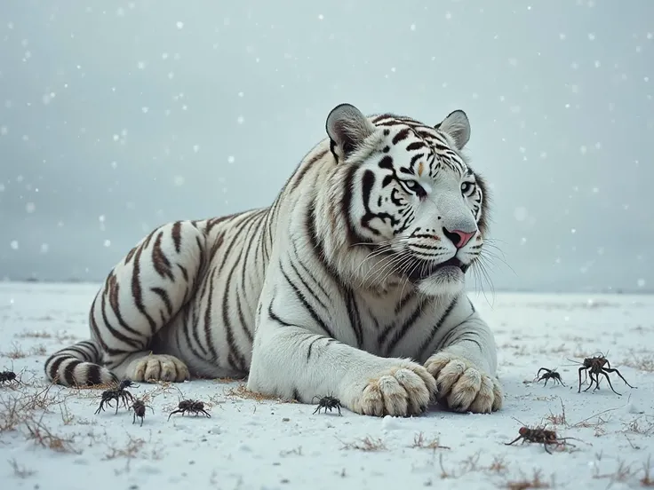 The enormous white tiger, once a symbol of strength, now sits weakly on the freezing ground, its entire body covered in wriggling parasites. Tears streak down its face, mixing with the dirt and blood on its fur. Its eyes are filled with deep pain and helpl...