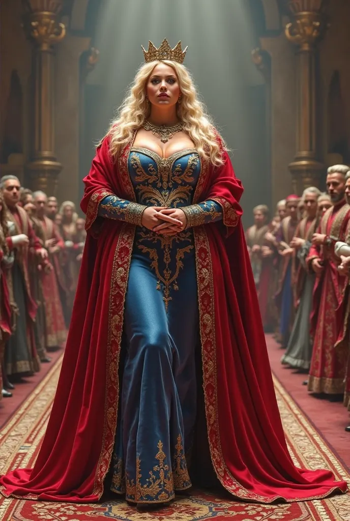  a giant queen, bbw, plus size, Curvilinea, blonde, With red and blue robes, Do you stand on the runway, being adored by the people, full body image