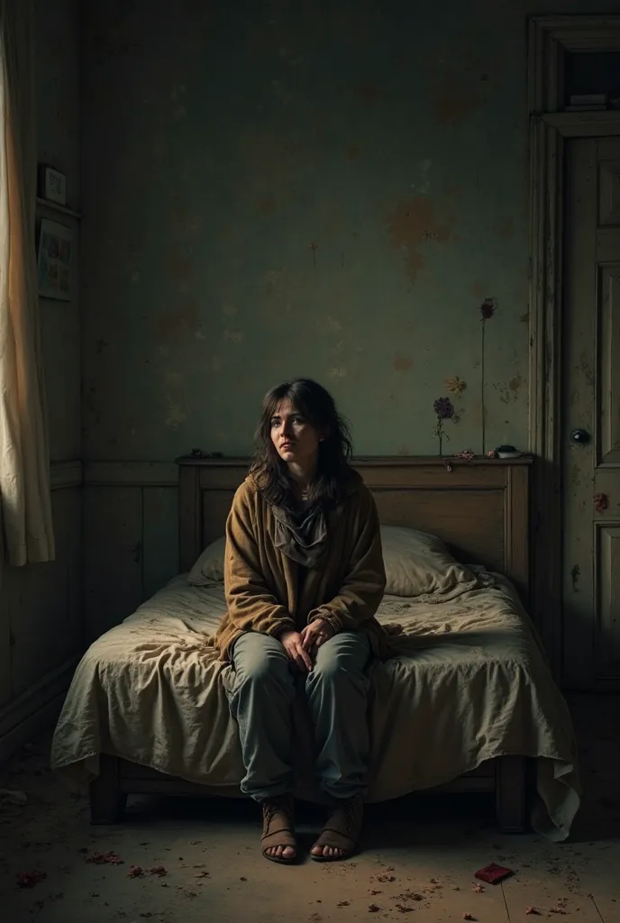 Bedroom of an old house with dim lighting and dust in the air with a  in warm daytime clothes crying sitting on his parents&#39; Lost bed, I want the realistic image with human characters 