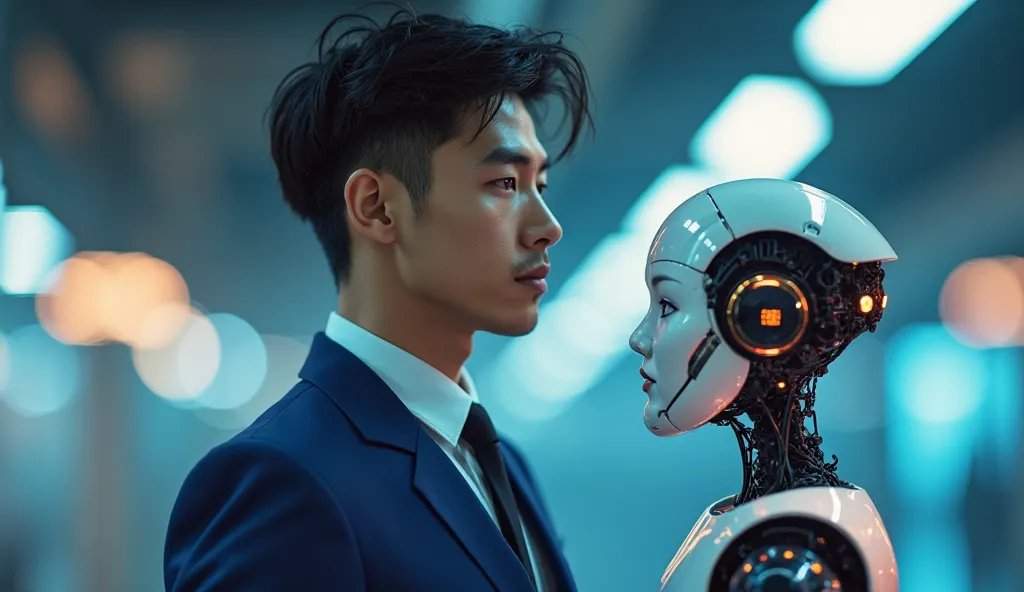 Help create a profile picture with a handsome young Asian man with short black hair in a blue suit and with a 5M small AI robot in the lower right corner, the background is a futuristic cyberpunk style.