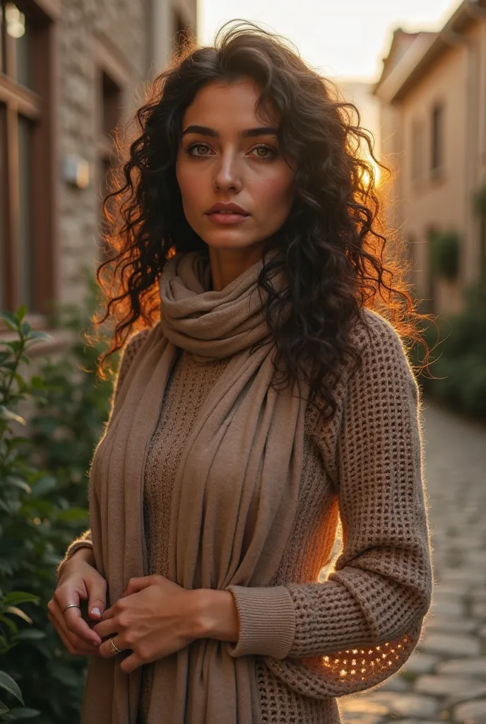 "A highly realistic 24-year-old Kurdish-Turkish woman with deep hazel-green eyes and voluminous curly dark brown hair. She has warm olive-toned skin with a natural glow, cute round face shape, and full lips. She is standing in her garden , holding her wais...