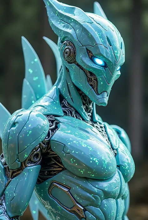 The Avatar 11 transformer (2022) is a highly developed warrior with a shimmering, aerodynamic armor in light teal. His slim, but robust Body structure is reminiscent of a futuristic design with soft glowing lines, that run along his limbs. His head is semi...