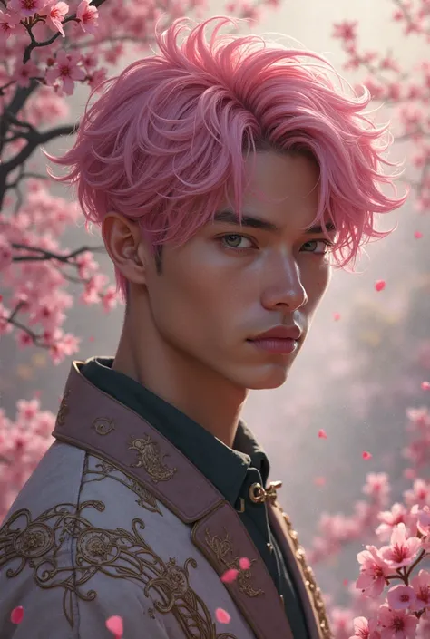 men, young, brown skin, pink sakura hair