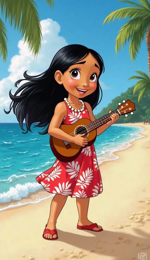 "Draw Lilo, the main character of the movie 'Lilo & Stitch' da Disney. She must be represented as a young Hawaiian woman with black hair and a red dress with white leaf prints. Lilo may be in a cheerful and adventurous pose, perhaps holding her camera or p...